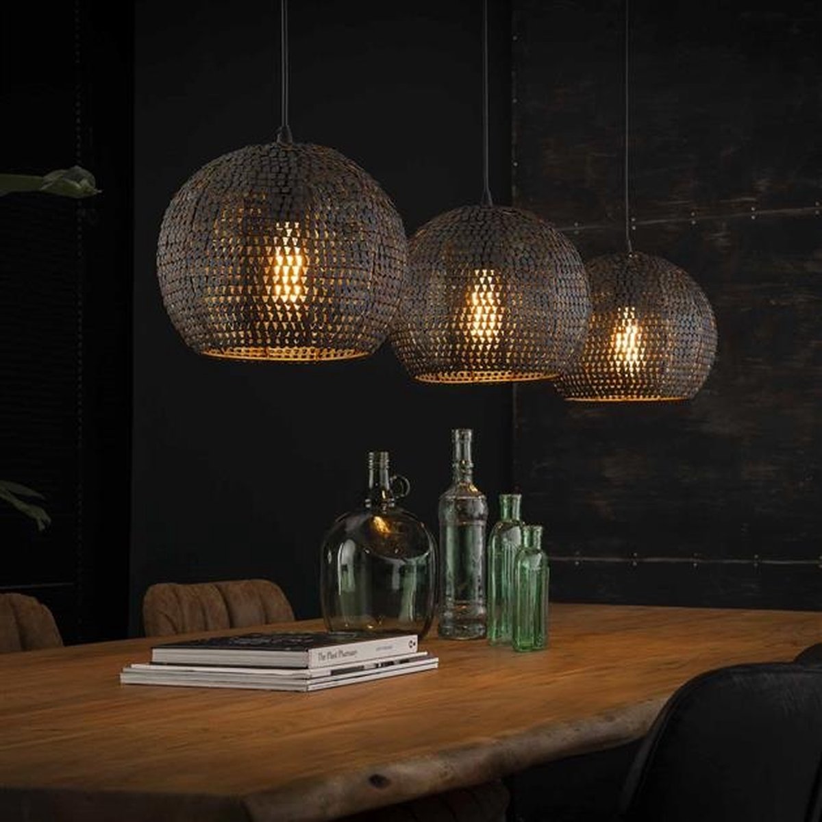 PS-Collection Armor 3L Hanglamp - 128x30x150cm - Zwart/Bruin - Metaal - hanglampen eetkamer, hanglamp zwart, hanglampen woonkamer, hanglamp slaapkamer, hanglamp kinderkamer, hanglamp rotan, hanglamp hout, hanglamp industrieel