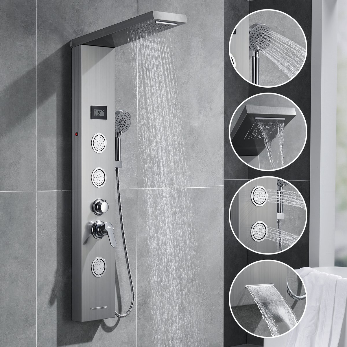 Auralum max Douchepaneel met Mengkraan - Regendouche - Douchekolom - LED RVS met Massage Jets - 5 standen Spa Jets - LCD display - 3 functies handdouche - Douche Combinatie Set