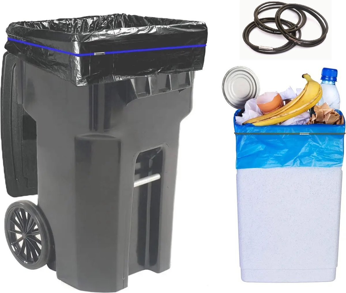 Goedkoopste Set Van 3 Verstelbare Prullenbak Banden I Elastische Lock Elastiekjes Voor Prullenbak I Omtrek 70 - 143 CM I Ook Voor Pakketten, Opbergdozen Etc. I Zwart