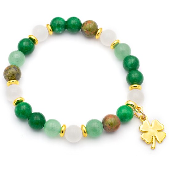 Bixorp Gems Bracelet trèfle à quatre feuilles avec différentes perles – Bracelet porte-bonheur en pierres précieuses – Perles de 8 mm avec Breloques dorées