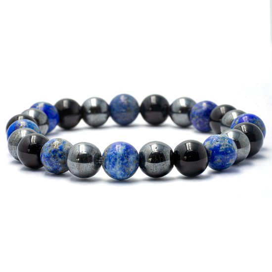 Armband met ronde, glanzende zwarte onyx, blauwe lapis lazuli met gouden spikkels en grijze hematiet kralen.