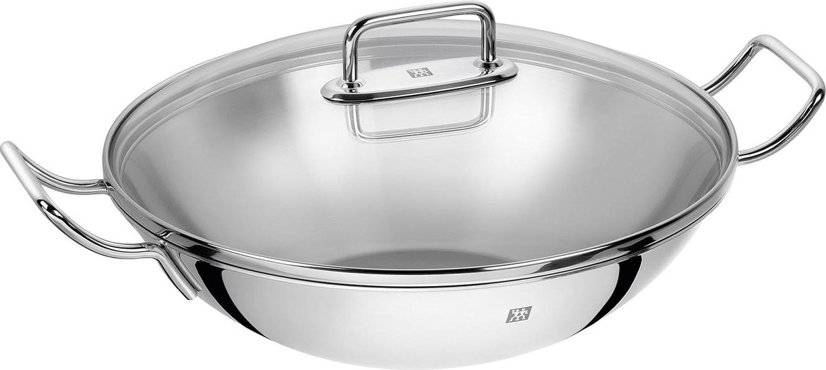 Wokpan inductie met glazen deksel en rasterinzetstuk roestvrij staal Ø 32 cm plus zilver Wokpan inductie
