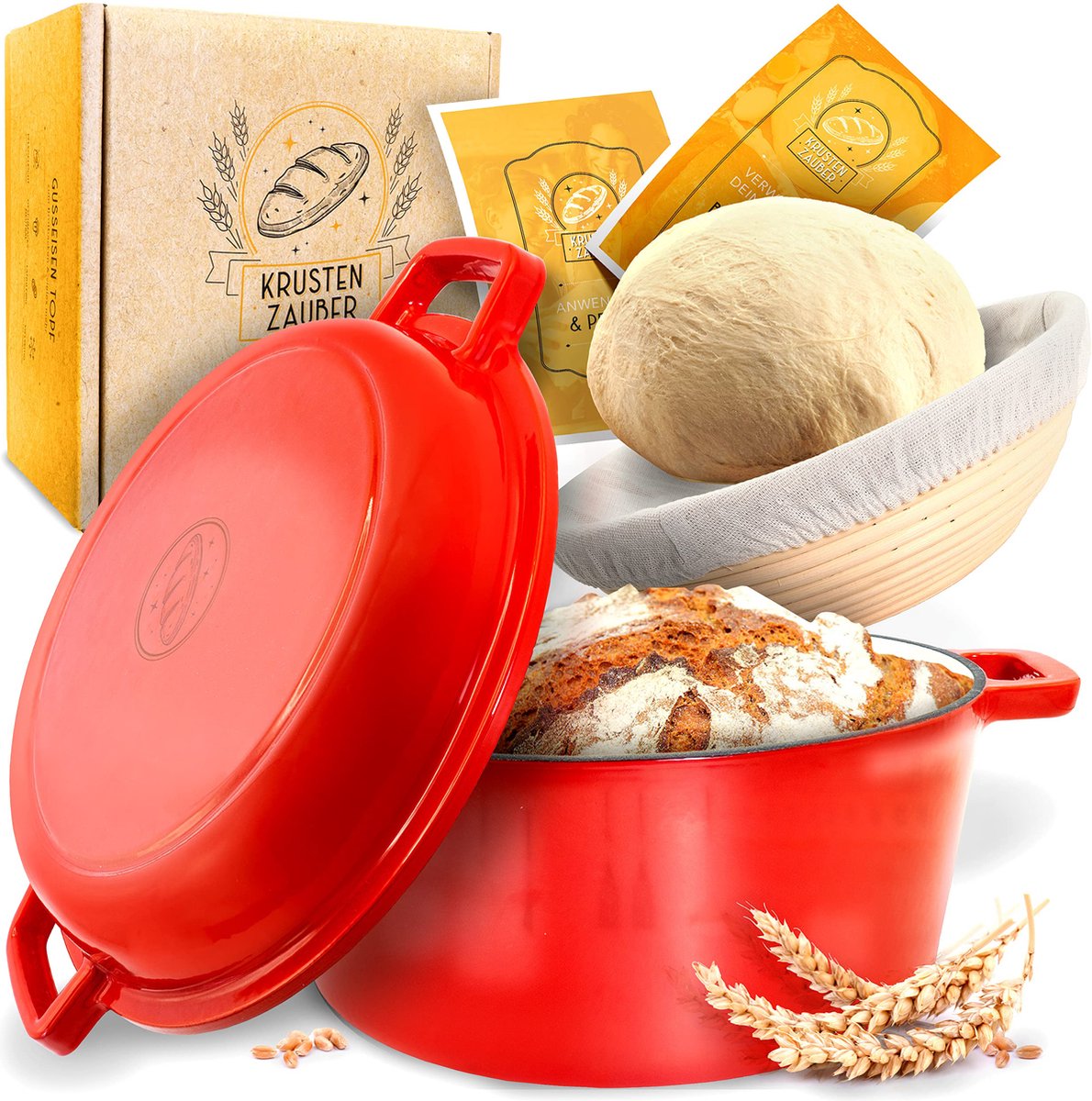 Krustenzauber Potbrood bakken [incl. Gistingsmand] - Hoogwaardige geëmailleerde broodbakpan 26 cm rond - Ideale gietijzeren broodbakvorm voor bakken met deksel, gietijzeren broodvorm, accessoires