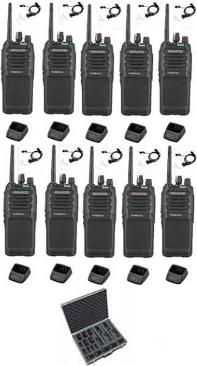 Set van 10 Kenwood TK-3701D met beveiliging oortje, koffer en tafelladers