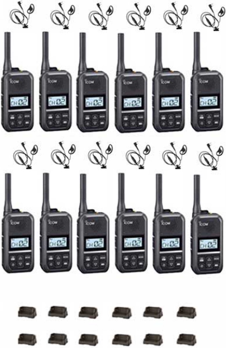 Set van 12 Icom IC-U20SR IP54 mini Portofoon met tafel lader en D-shape oortje