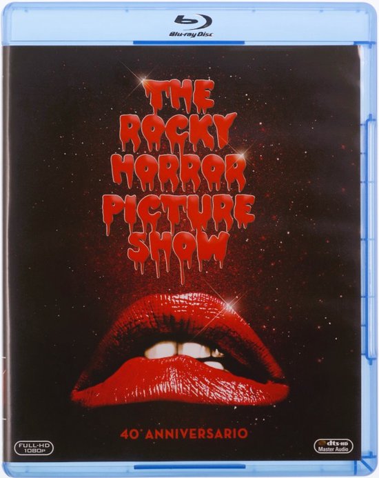 Couverture Blu-ray de 'The Rocky Horror Picture Show', édition 40ème anniversaire, avec des lèvres rouges et un fond pailleté.