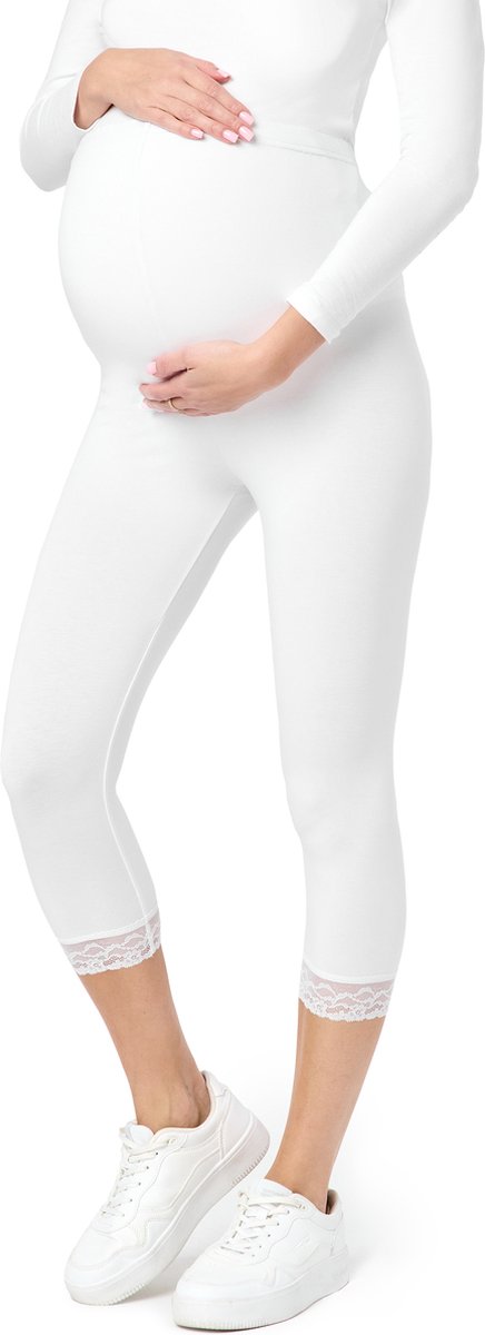 Be Mammy BE-BE20-161-LE Dames Capri Zwangerschapsleggings - 3/4 Lengte met Kant - Viscose - Elasthan - Yogabroek - Stretch - Wit - XL