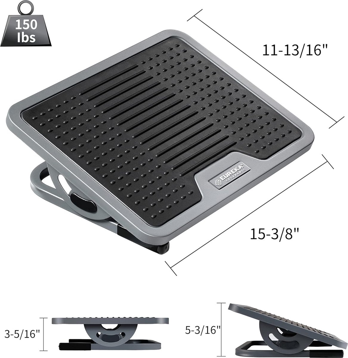 EUREKA ERGONOMIC Kantoorvoetsteun onder bureau, verstelbare voetsteun met metalen frame, massageoppervlak, voetkruk met 20 graden kantelhoekverstelling, geen vergrendeling, zwart en grijs