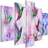 Schilderij - Kleurrijke Kolibries , Violet , 5 luik