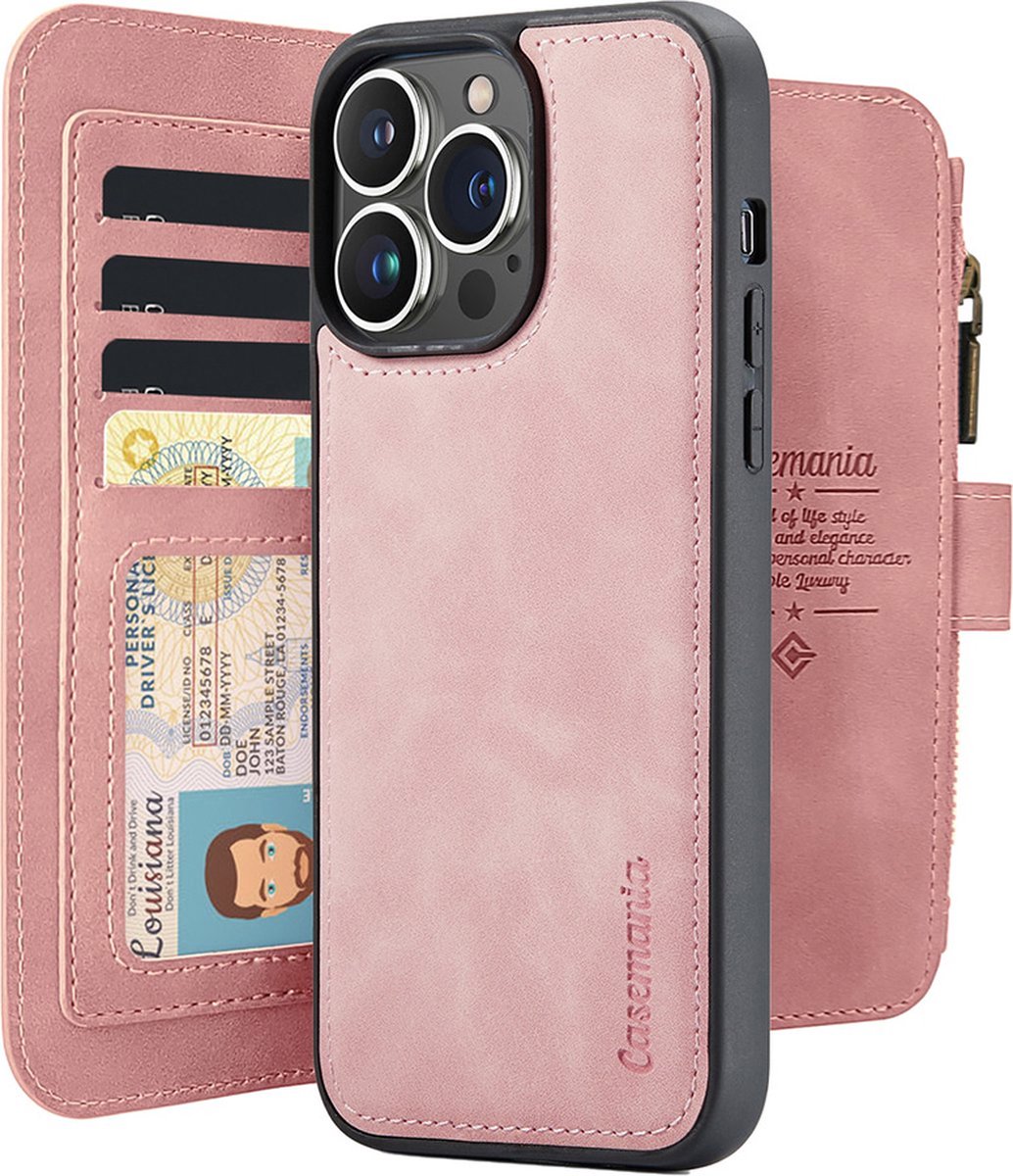 CaseMania Bookcase hoesje geschikt voor iPhone 15 Pro - Effen Roze - Kunstleer - Portemonnee met 14 Vakjes voor Pasjes en Ritsvak