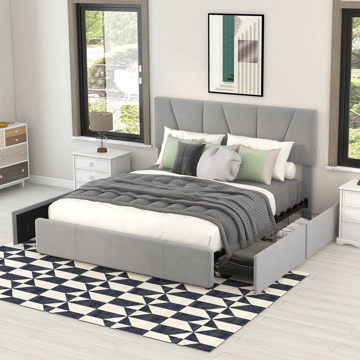 Sweiko Tweepersoonsbed, Gestoffeerd bed, Gestoffeerd Plateau bed met 4 laden aan 2 zijden, Verstelbaar hoofdeinde, Grijs, 140*200cm