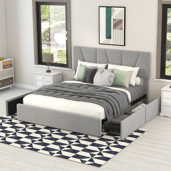 YYXLDYNB Tweepersoonsbed, gestoffeerd, 160 x 200 cm, tweepersoons bedframe met ledverlichting, tweepersoonsbed met 4 laden, hoofdeinde, ledverlichting, lattenbodem, zonder matras, beige