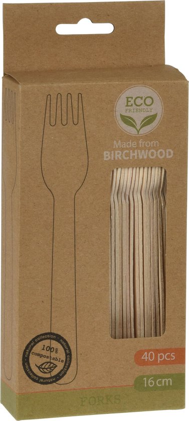 Een bruine kartonnen verpakking met een afbeelding van een vork en het label 'ECO FRIENDLY'. 40 stuks, 16 cm.