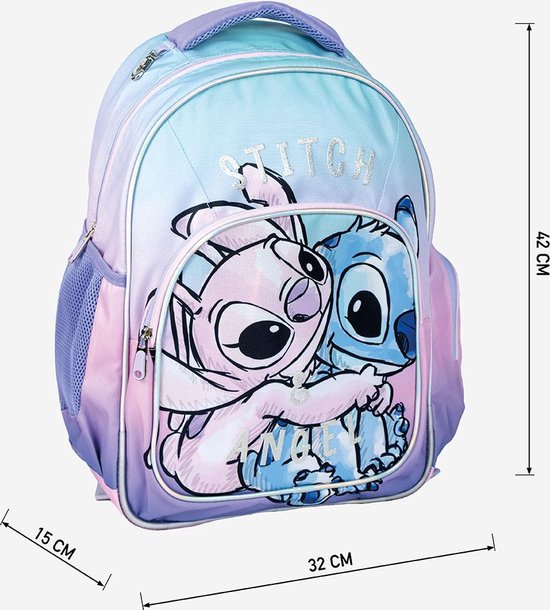 Dimensions d'un sac à dos pastel avec Stitch et Angel : hauteur 44cm, largeur 32cm, profondeur 15cm.
