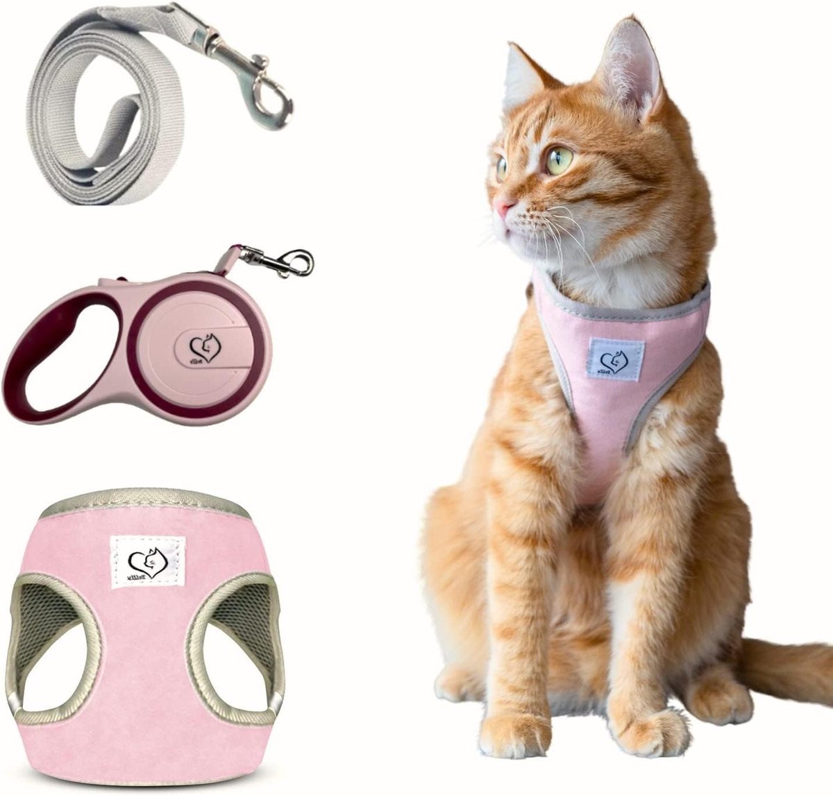 Verstelbare Automatische Lijn met Kattenharnas en Lijnen voor uw Kat Kitten Puppy of Hond – Ontsnappingsbestendig en Ademend – Grote Medium Kleine Huisdieren (Klein Roze)