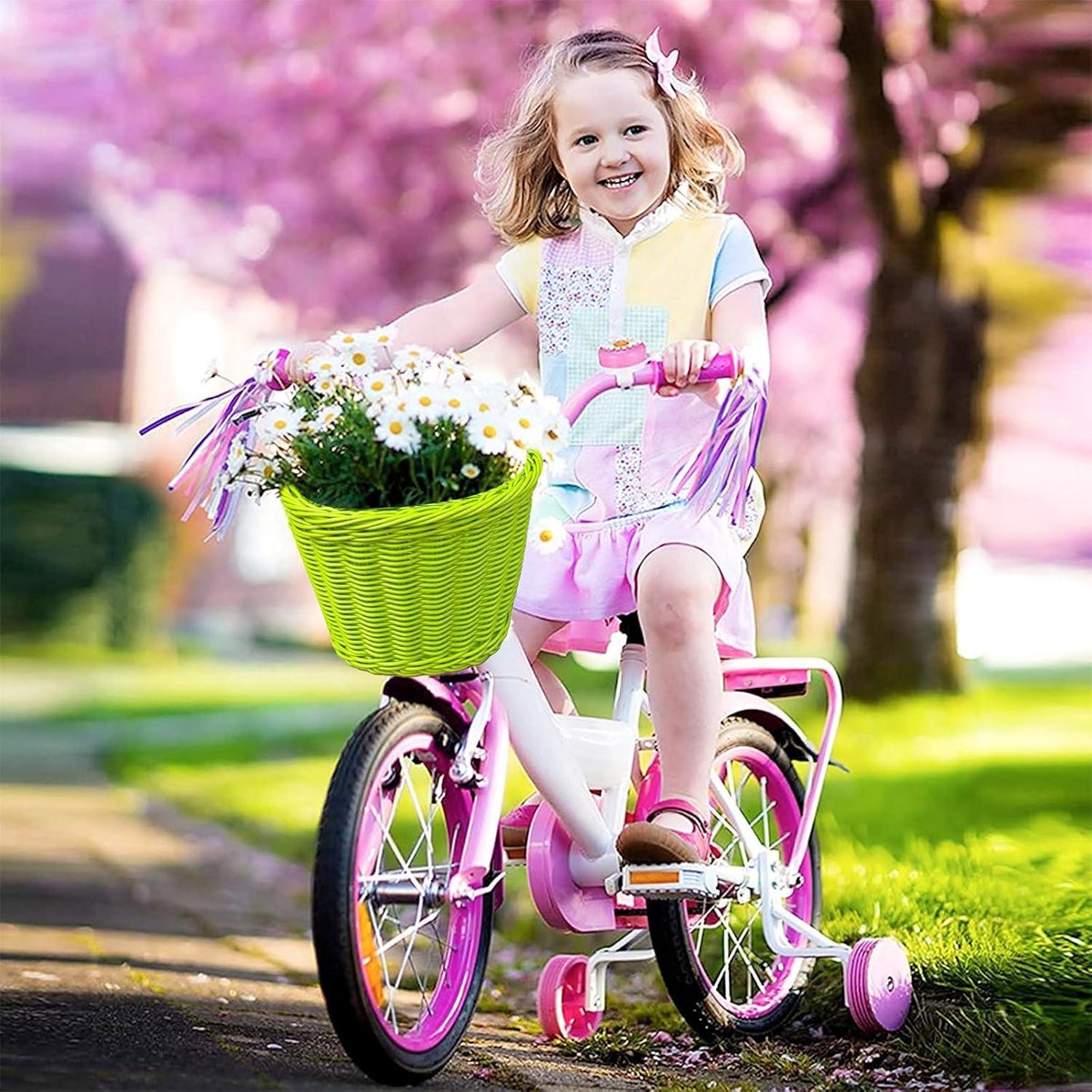 Afneembare rieten fietsmand voor kinderen - met bel en linten - groen