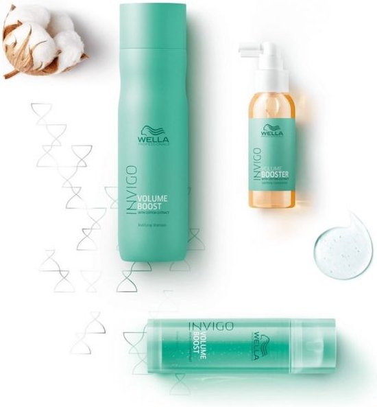 Wella Invigo Volume Boost shampoo, bodifying foam en een booster flesje, met katoenbollen en abstracte belletjes.