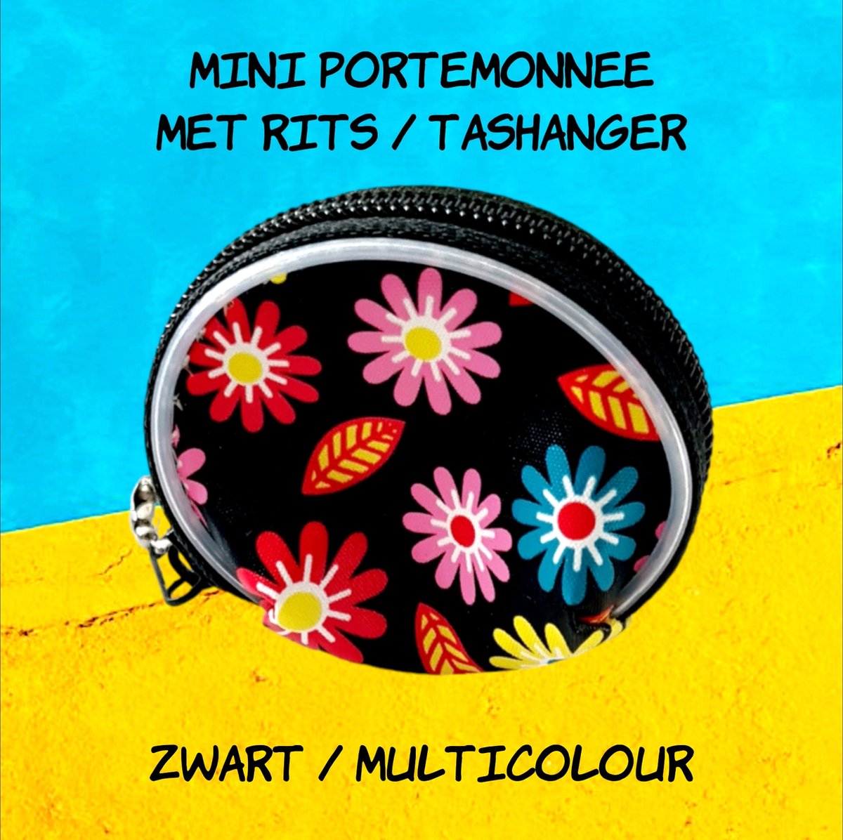 Going Retro® - Ronde mini muntgeld portemonnee / earplug opbergtasje - bloemen - basis zwart / multicolour madeliefje daisy - 4,5 cm - Sleutelhanger Tashanger - kinderen jeugd volwassenen - meisjes dames - casual feest verjaardag