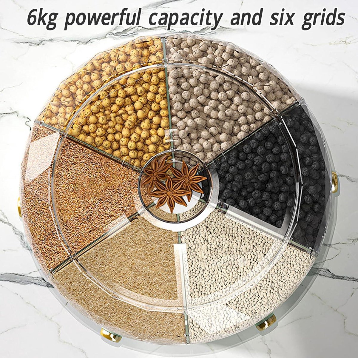 Distributeur de céréales rotatif à 360 degrés, récipient de rangement de cuisine à 6 compartiments, design intelligent transparent, pour riz et haricots (grand format, blanc Distributeur de céréales rotatif à 360 degrés, récipient de rangement de cuisine à 6 compartiments, design intelligent transparent, pour riz et haricots (grand format, blanc