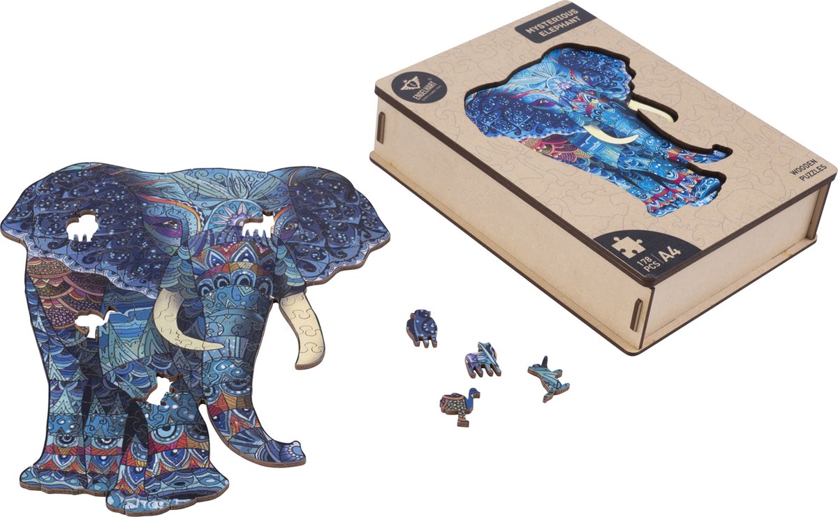 Houten Puzzel Olifant – 178 Unieke Puzzelstukjes – A4 Formaat Houten Legpuzzel – Dieren Puzzelspel – Uitdagend Denkspel – Inclusief Opbergetui – Engelhart — afbeelding 2