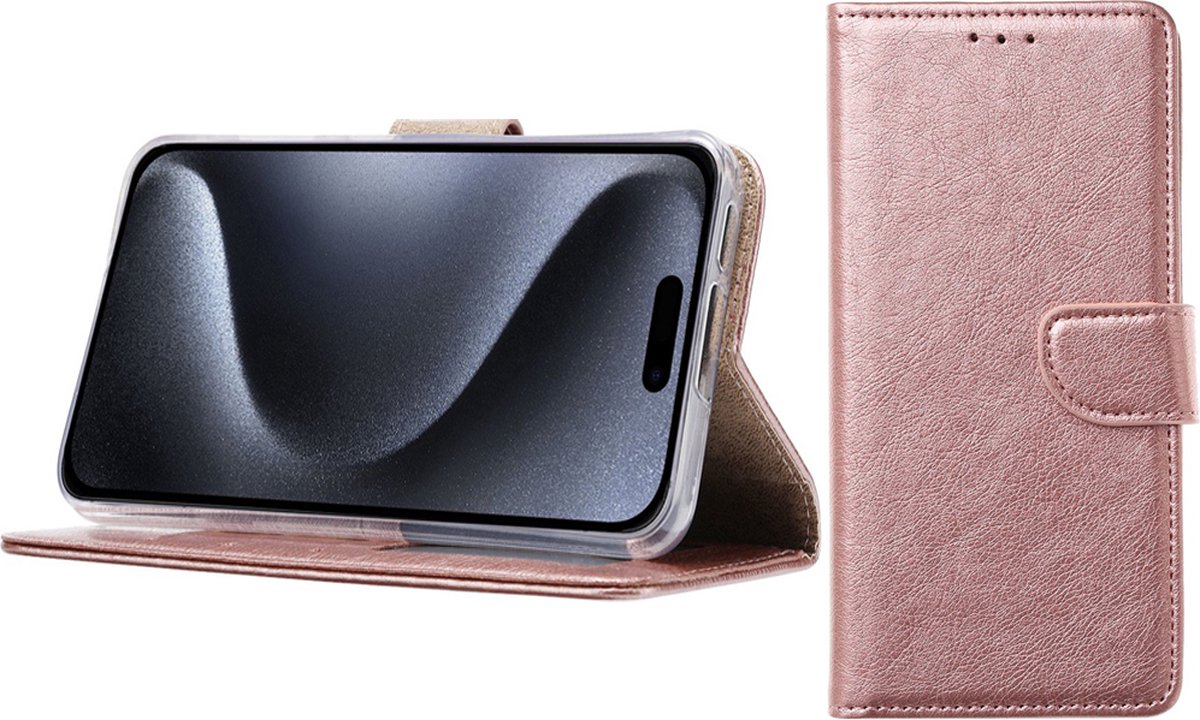 BixB Hoesje Geschikt voor iPhone 15 Pro – portemonnee bookcase met pasjeshouder - Rosegoud