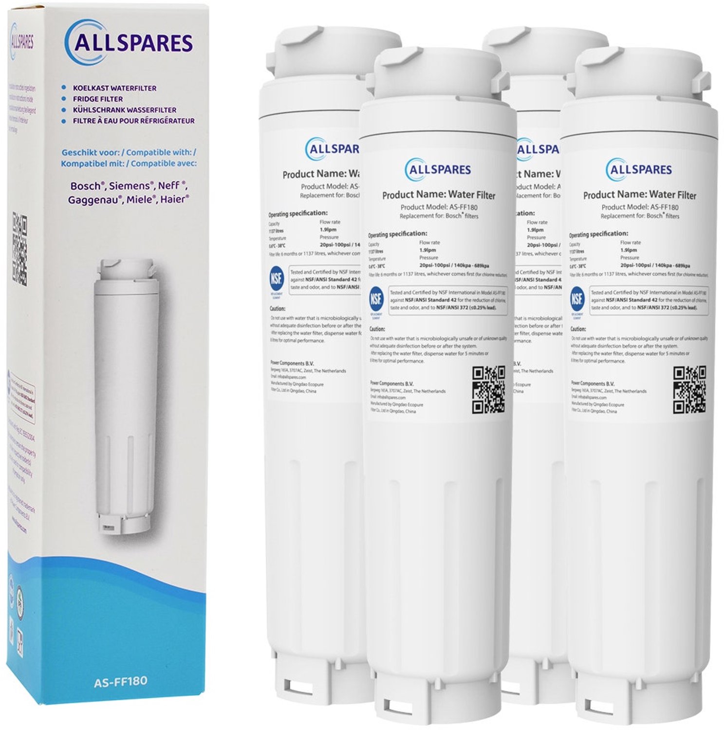 AllSpares Waterfilter (4x) voor Koelkast geschikt voor Bosch Siemens Neff UltraClarity 11034151 - 11028820 - KB1000