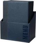 Blauwe menubox met 'MENU' logo, gevuld met menumappen met gestreepte details.