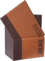 Bruine menubox met 'MENU' erop, gevuld met menukaarten. Sommige menukaarten hebben bruine reptielenhuid-randen.