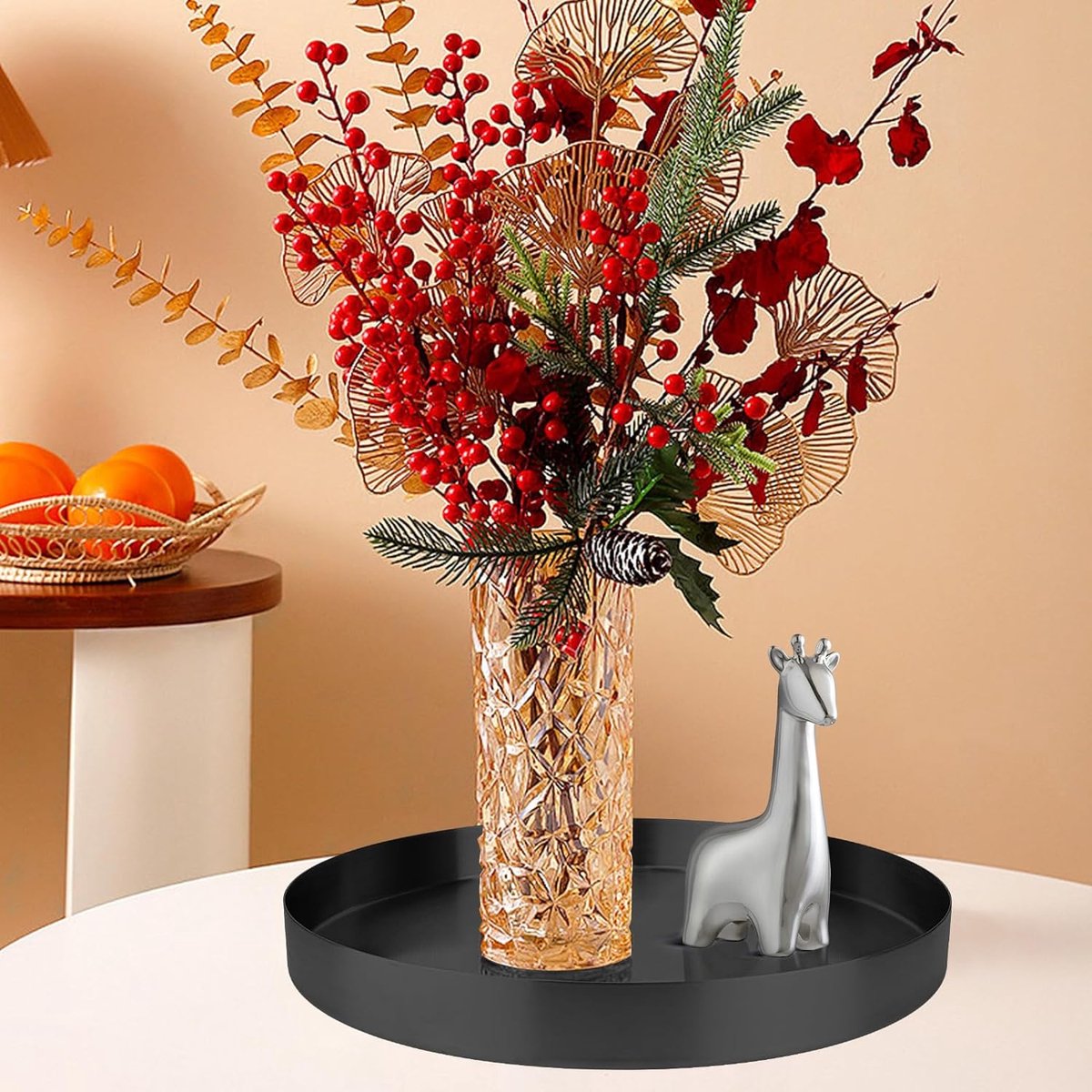 Plateau Rond En Métal Noir 30 Cm - Plateau Décoratif Élégant Pour Service, Bougies, Bijoux Et Déco Intérieure