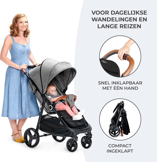 Kinderkraft GRANDE PLUS Wandelwagen vanaf de geboorte tot 22 kg, Inklapbaar met één hand, Ligstand, Zonnekap uittrekbaar, 4 gedempte wielen, Zwart