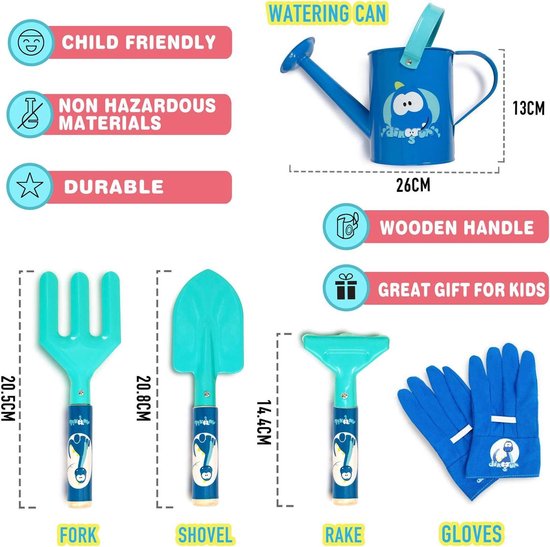 Tuinieren Set voor Kinderen - 5 Delig Metalen Tuingereedschap Inclusief Gieter, Troffel, Vork, Hark en Handschoenen van Merkloos	 — afbeelding 3