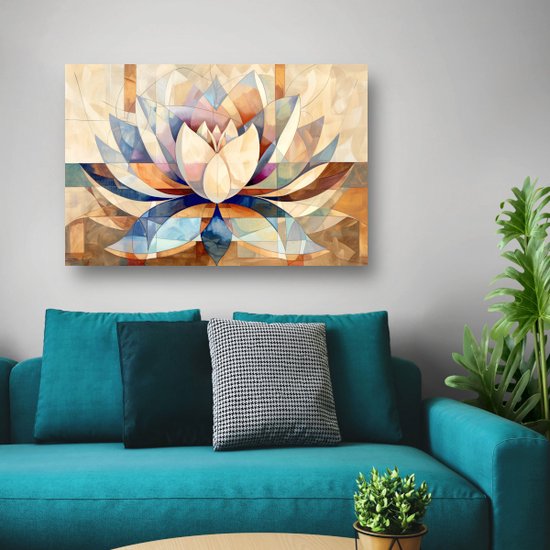 Tableau Lotus - Tableaux de Bloem - Peinture sur toile Géométrie - Décoration murale moderne - Toile avec cadre - Toile d'art mural avec cadre 60x40 cm