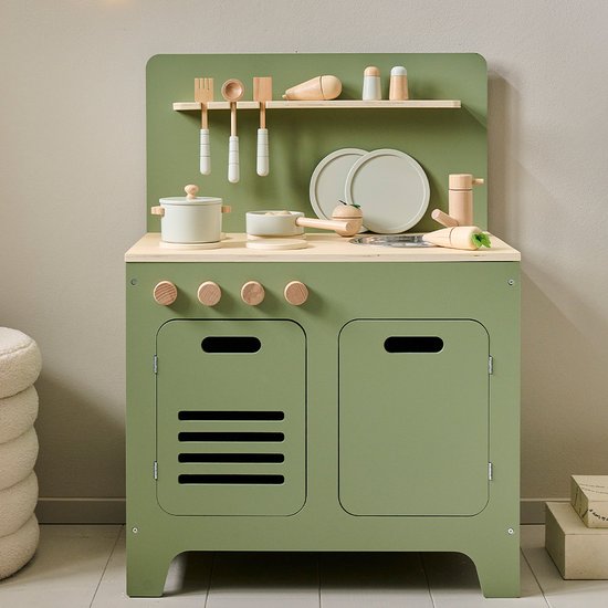 Speelkeuken Hout Olijfgroen - Kinderkeuken inc. 13 Speelgoed keuken accessoires - Frisse, rustgevende en speelse vol magie - Elke Dag een Culinaire Droom