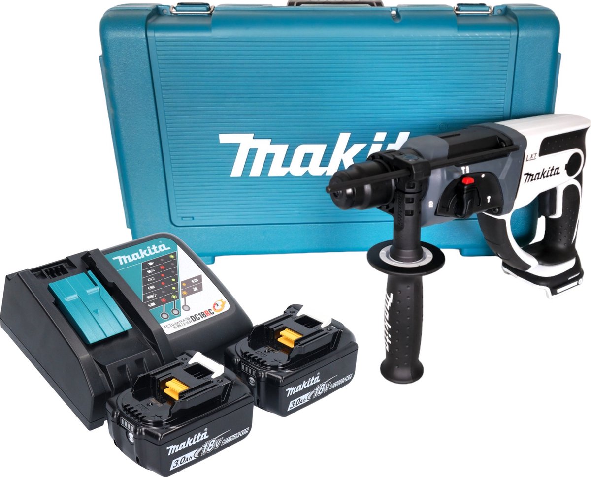 Makita DHR 202 RFW accu-boorhamer 18 V 20 mm 2,0 J wit + 2x accu 3,0 Ah + oplader + koffer