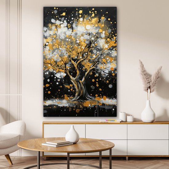 Peinture sur toile 80x120 cm - Décoration murale Arbre - Zwart - Or - Wit - Moderne - Décoration murale murale salon - Décoration chambre - Accessoires de chambre - Peintures