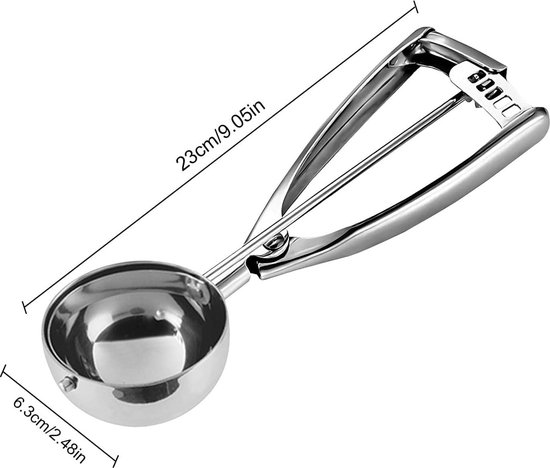 Cuillère à Glace En Inox Avec Levier - Diamètre 5cm, Longueur 18,5cm - Pour Glace, Pâte à Cookies, Melon - Nettoyage Facile
