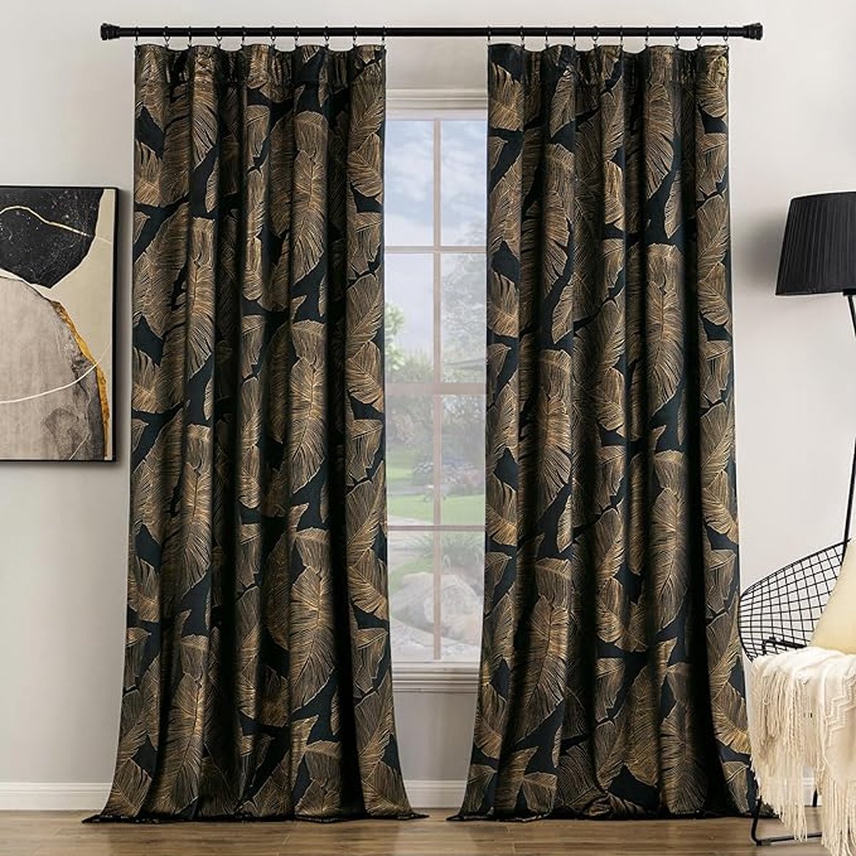 Clord - Gordijnen - Fluweel - Goudfolie Bladerpatroon - Zwart - Ondoorzichtig - 2 Stuks - 245x140 cm
