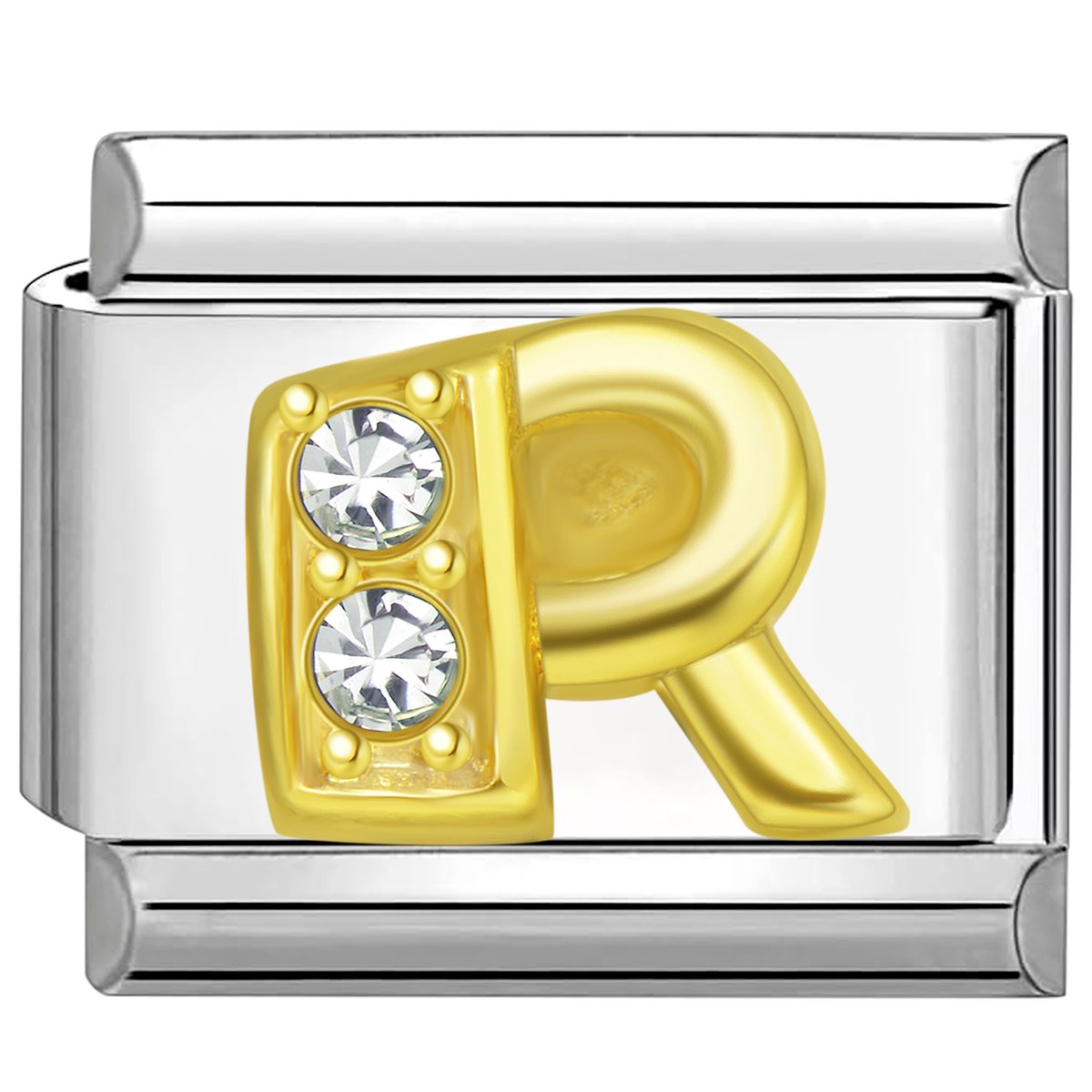 Quiges - Schakel - Bedel - 9mm - charms - Goud - Zirkonia - alfabet - letter R - Geschikt voor - armband - Schakelarmband - italy bedels armband