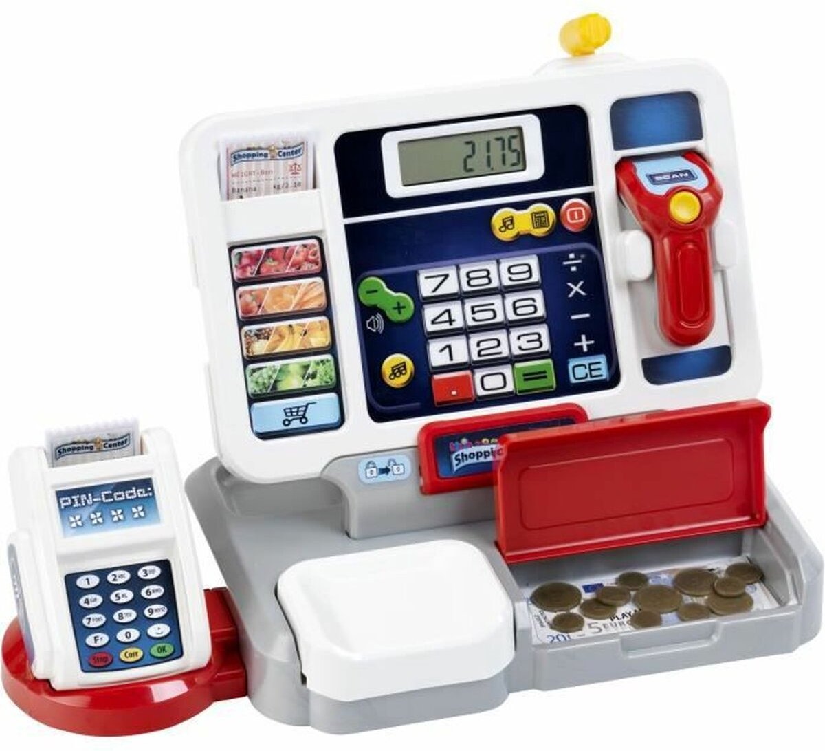 Klein Toys elektronische kassa - afneembare tablet, rekenmachinefunctie, scanner, kaartlezer en een kassa vol speelgeld - 33,42x16,83x22,33 cm - incl. soundbar - grijs rood — afbeelding 19