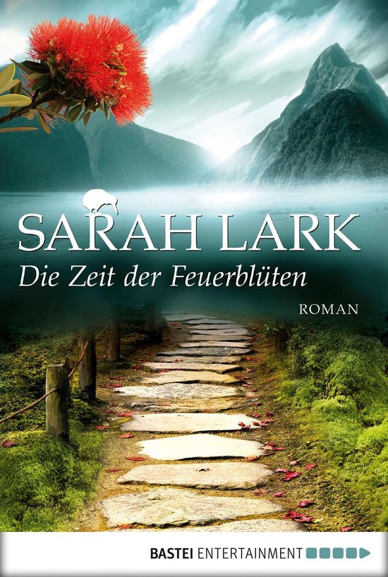 Boekcover met een pad van stenen naar bergen, met een rode bloem en "Sarah Lark, Die Zeit der Feuerblüten".
