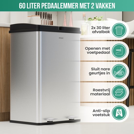 Avalo Prullenbak Afvalscheiding - RVS Zilver - 60L - 2 Vakken Milieubewust Hygienisch Vingerafdrukvrij Pedaalemmer Vuilnisbak 66f4169f5223b449c102a63c