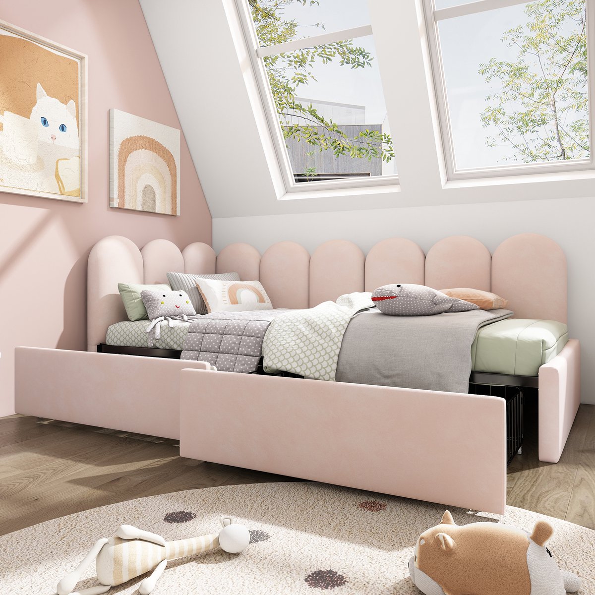 Sweiko Gestoffeerd bed Eenpersoonsbed Opbergbed met Lades Fluwelen slaapbank 90x190cm Jeugdbed en volwassen bed met Vlak noedelsframe, Roze (zonder matras) — cadeau in Cadeau-ideeën - foto 4