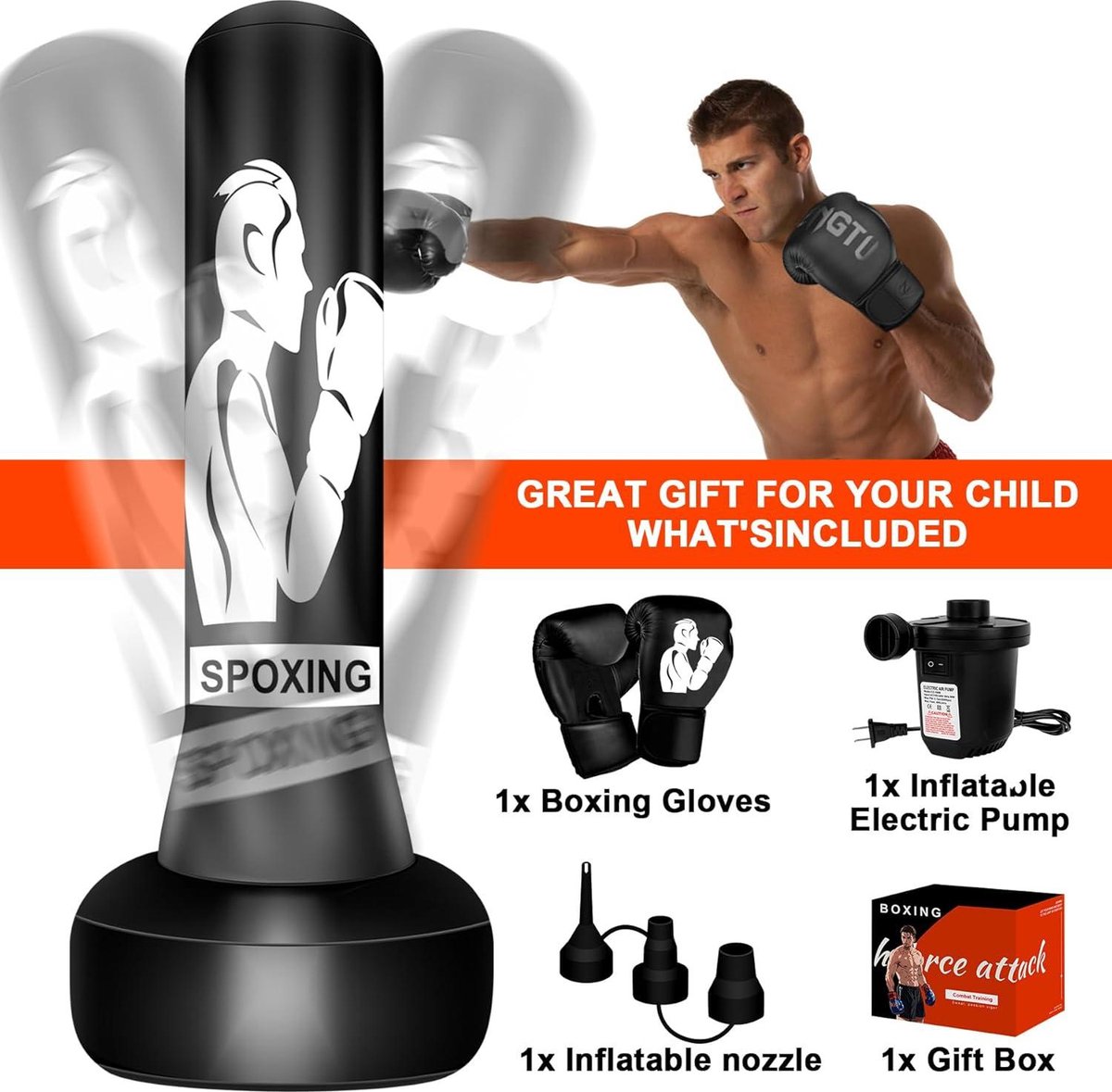 NZQXJXZ Opgewaardeerde zware bokszak voor volwassenen, 70 inch vrijstaande bokszak met bokshandschoenen, pomp, springtouw en reflexbal, opblaasbare bokszak voor mannen voor training MMA Fitness Home