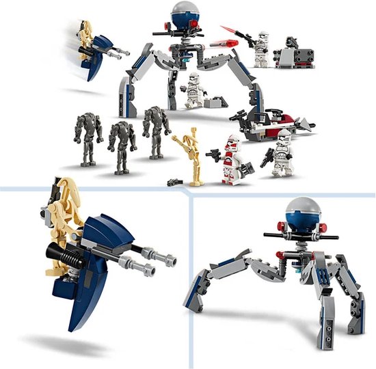 LEGO Star Wars speelset: 4 witte Clone Troopers, 3 rode Clone Shock Troopers, 7 Battle Droids (zandkleurig en grijs), speeder bike en een spin-mech.