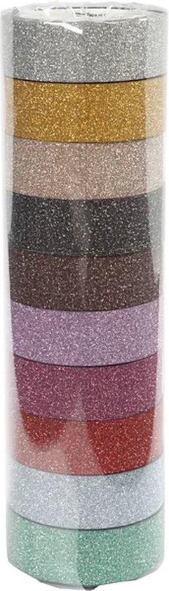 Stapel van tien rollen glinsterende masking tape in de kleuren zilver, goud, beige, zwart, bruin, paars, roze, rood, lichtblauw en groen.