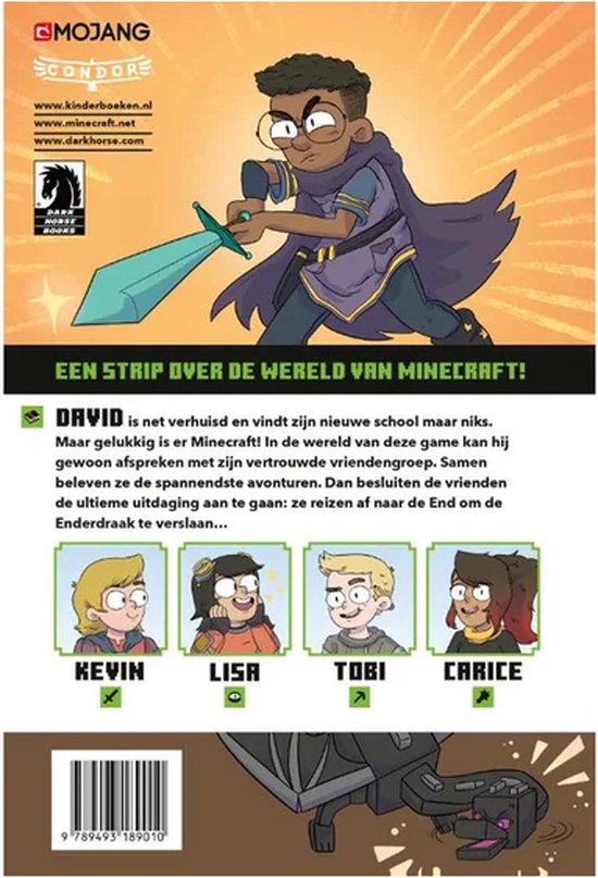 Stripboek met op de voorkant een jongen met bril en paarse cape, zwaaiend met een zwaard. Vier andere kinderen staan onderaan.
