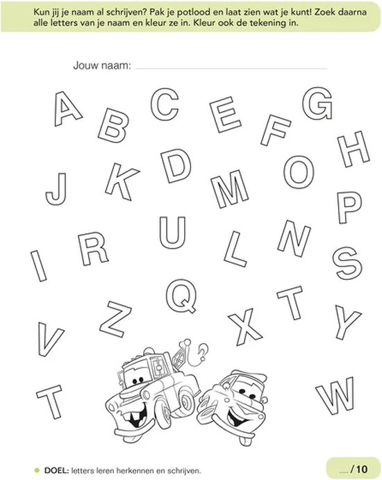 Werkblad met de letters van het alfabet en de auto's Bliksem McQueen en Takel. Schrijf je naam en kleur de letters.