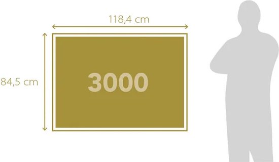 Afmetingen puzzel 118,4 x 84,5 cm met 3000 stukjes, naast een silhouet.