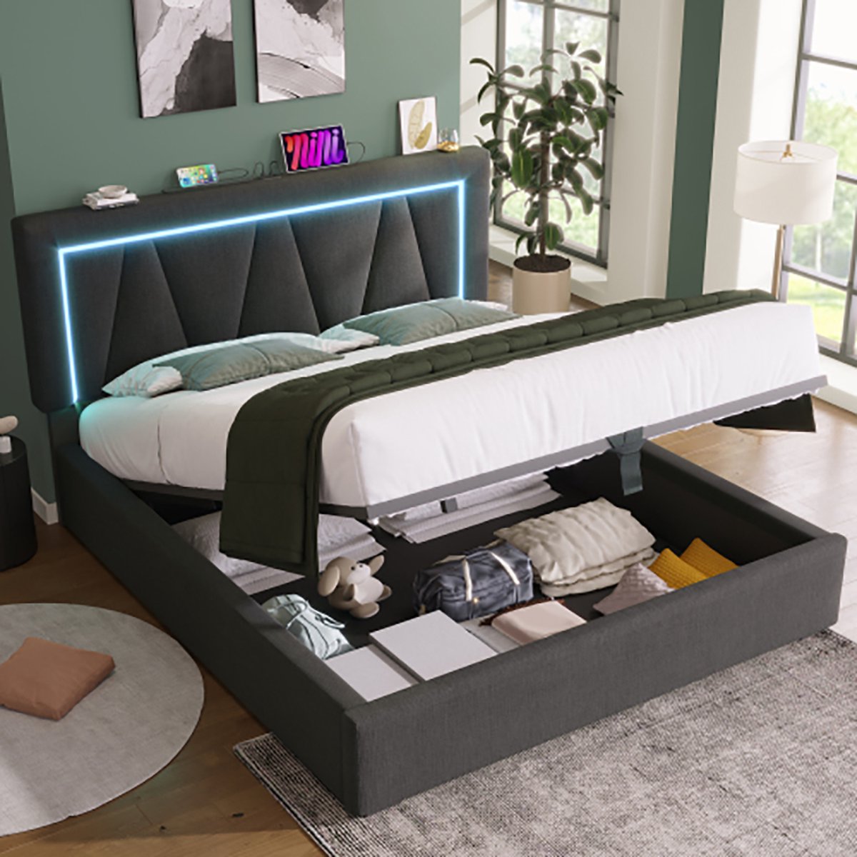 KOMHTOM Bed Volwassenenbed 140x200 Tweepersoonsbed LED bed met USB-oplaadfunctie Type C en LED-verlichting Opbergbedsm Grijs met matras Grijs#1