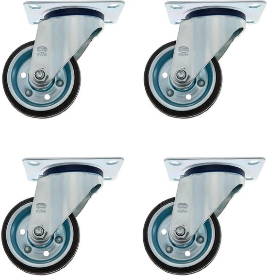 IQWTU Zware belastbare wielen 100 mm met rem, 4 stuks transportwielen, zwenkwielen tot 300 kg, rubberen meubelwielen, 360 graden draaibaar, industriële wielen, zware belasting, wielen voor meubels (2